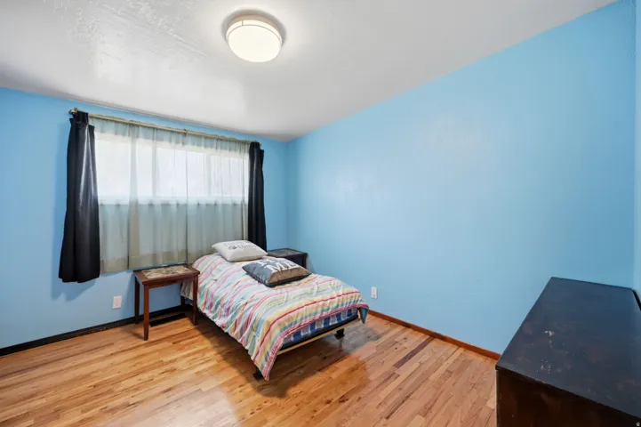 Wood-finish flooring, overhead flush mount light fixture, and a window with a curtain rod