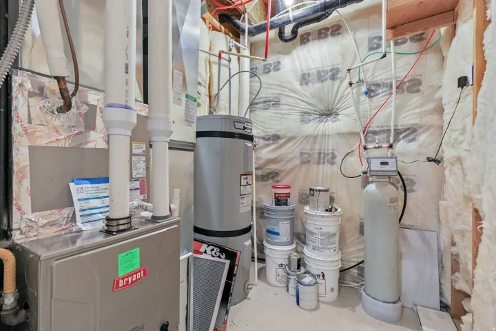 Utility area featuring a furnace, water heater, water softener, and visible insulation