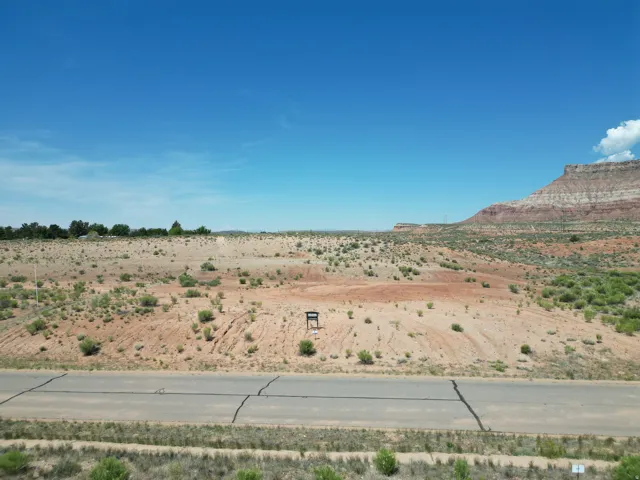 Expansive undeveloped lot with desert vegetation, featuring a paved road frontage and mountain backdrop