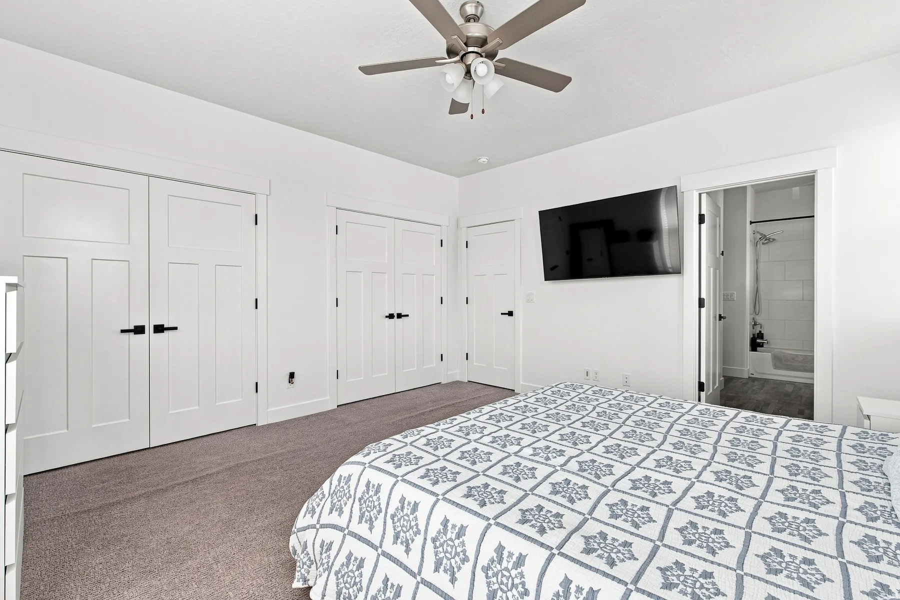 Recessed lighting, ceiling fan, white paneled doors with black hardware, wall-mounted television, and wood-look flooring in the bathroom