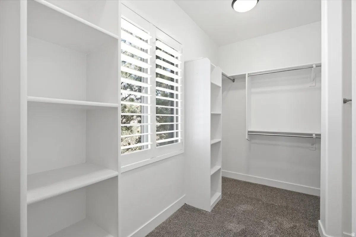 Built-in shelving, plantation shutters, chrome hanging rods, recessed ceiling light, and carpet flooring