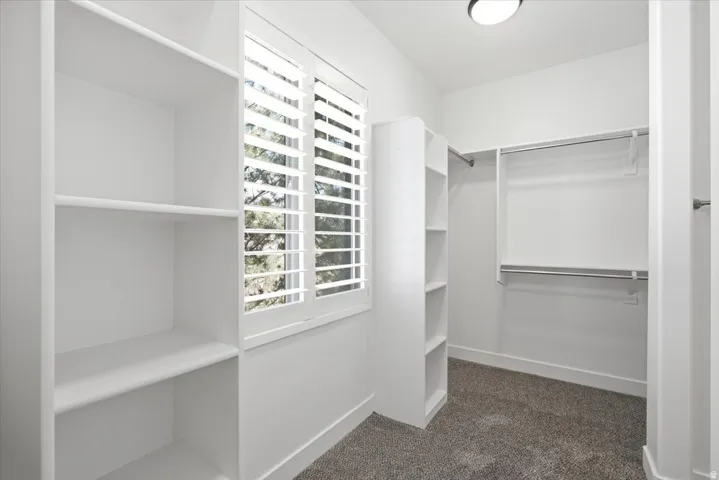 Built-in shelving, plantation shutters, chrome hanging rods, recessed ceiling light, and carpet flooring