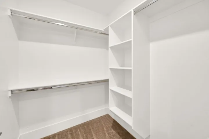 Walk-in closet featuring built-in shelving, dual hanging rods, and neutral-toned carpeting