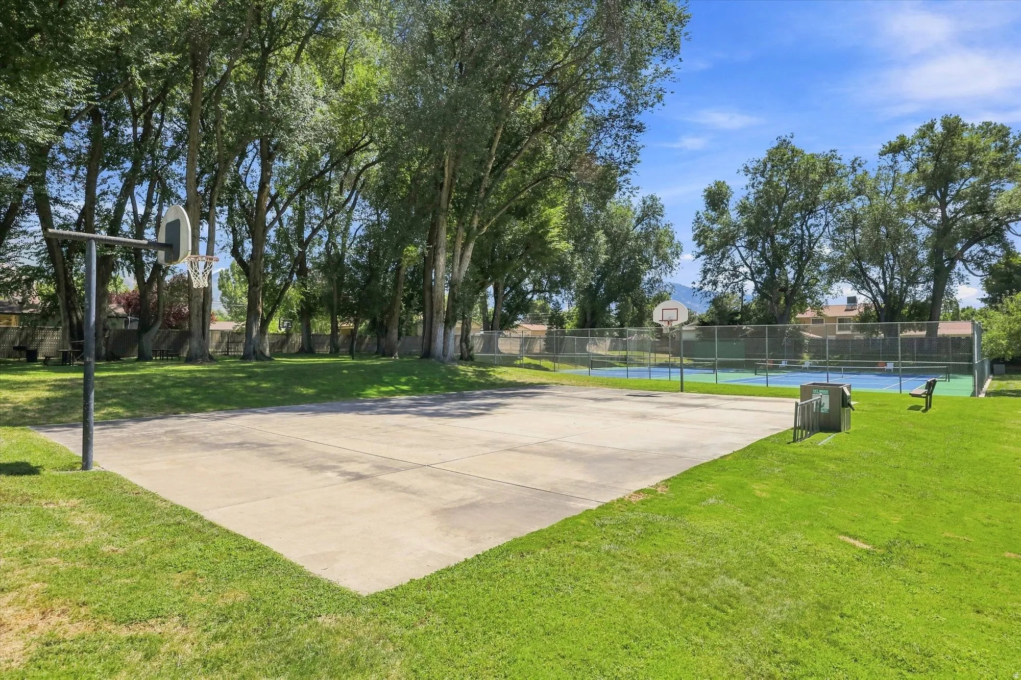 Paved basketball court with a hoop, surrounded by mature trees and manicured lawn