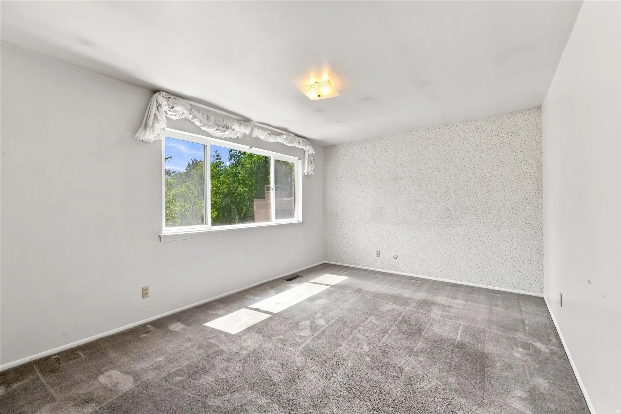 Recessed window with white trim, wall-to-wall carpeting, and a ceiling-mounted light fixture