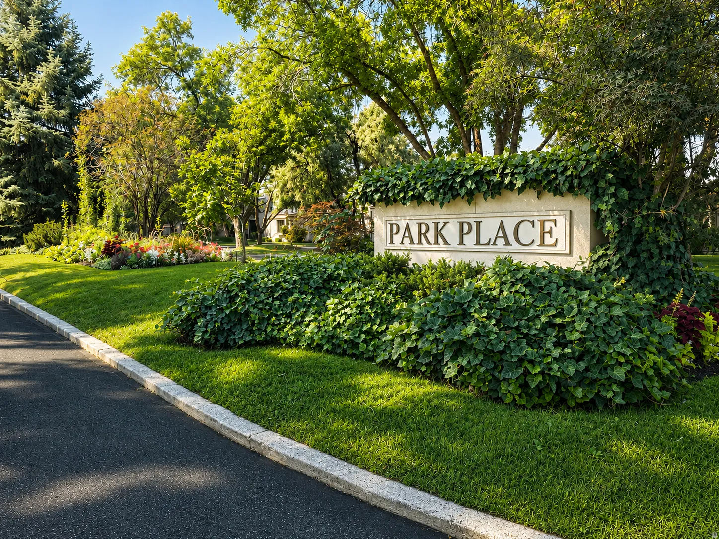 Stone monument sign with "PARK PLACE" inscription and lush ivy, bordered by manicured landscaping and mature trees