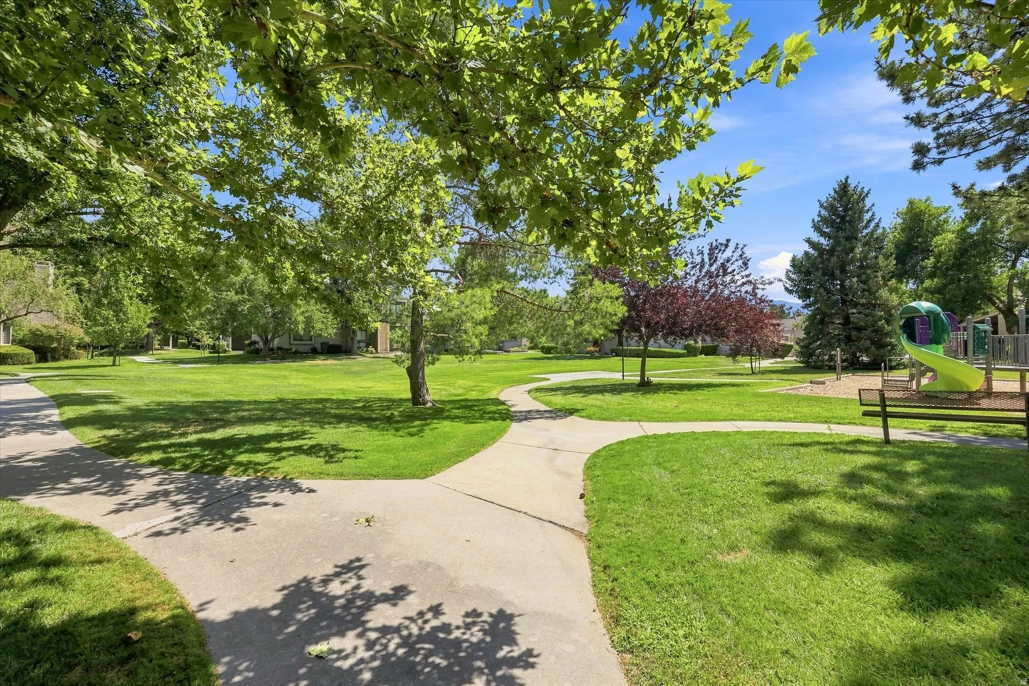 Expansive green space featuring mature trees, a paved walking path, and a playground structure
