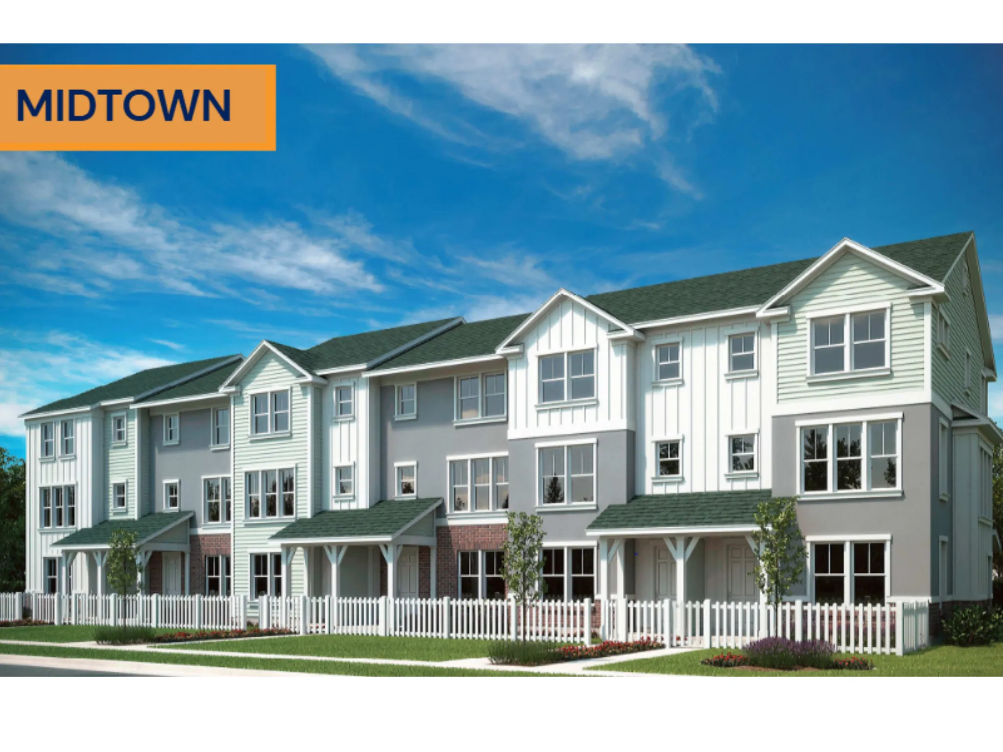 Modern townhome community featuring classic architectural styling with white fiber cement siding, peaked rooflines with dark asphalt shingles, and multi-pane double-hung windows