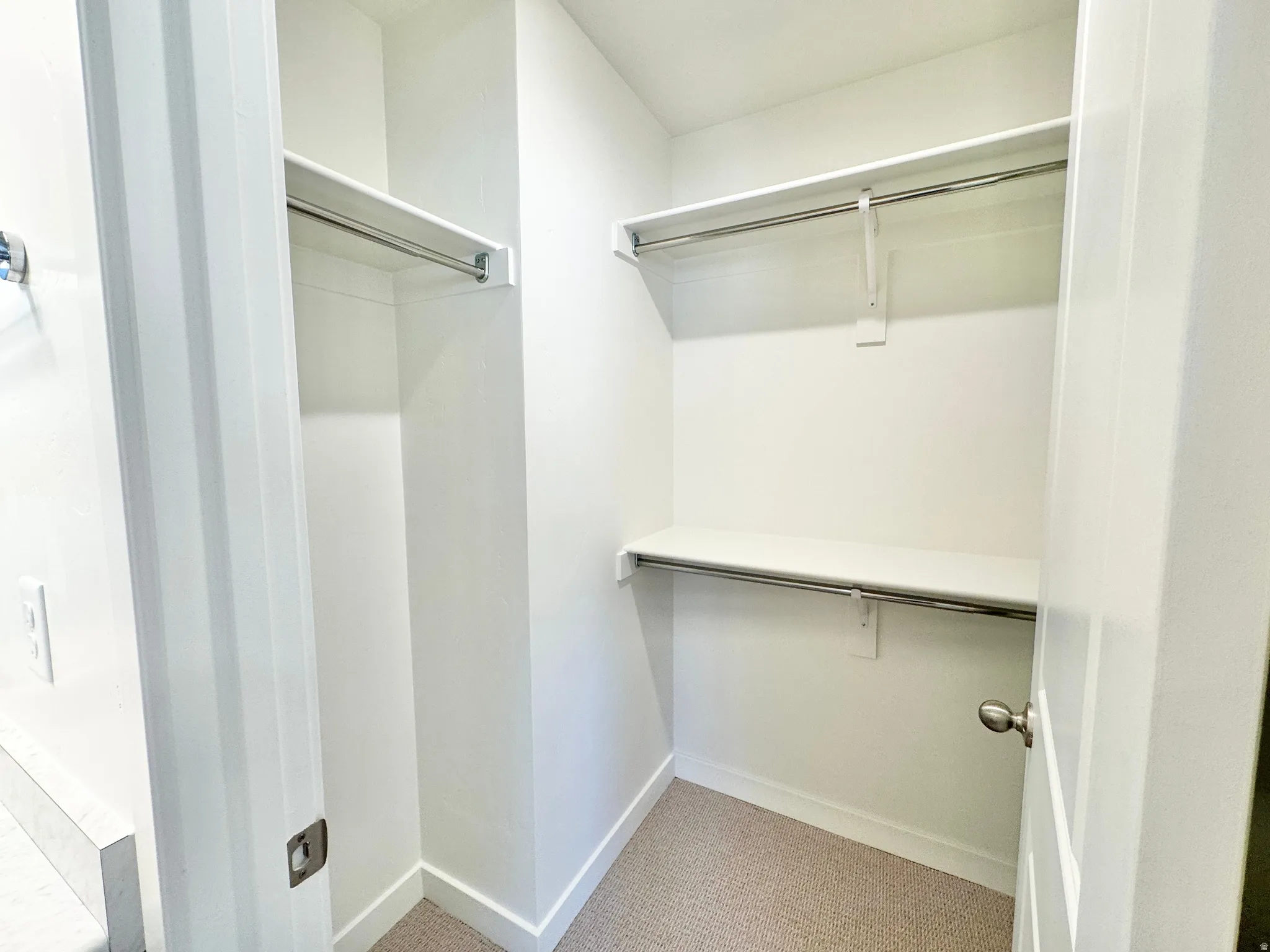 Walk-in closet with carpet flooring, built-in shelving, and metal hanging rods