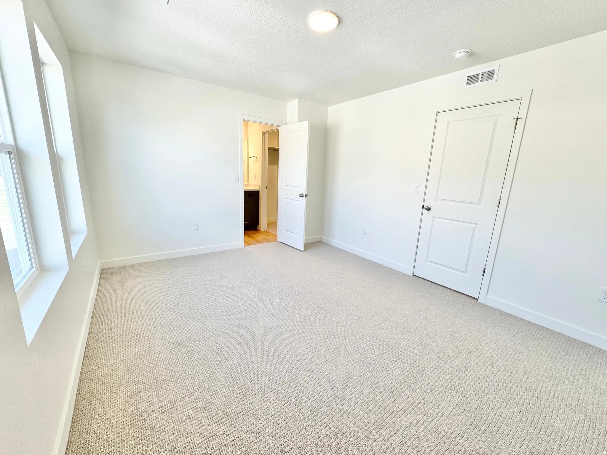 Plush carpeted flooring, white walls, two paneled doors, and ceiling-mounted lighting