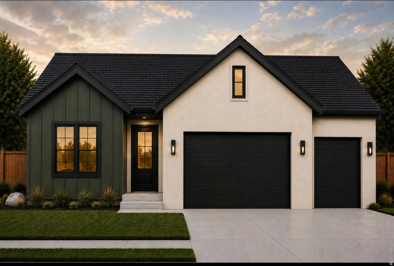 AI Generated Contemporary façade featuring board and batten siding and stucco