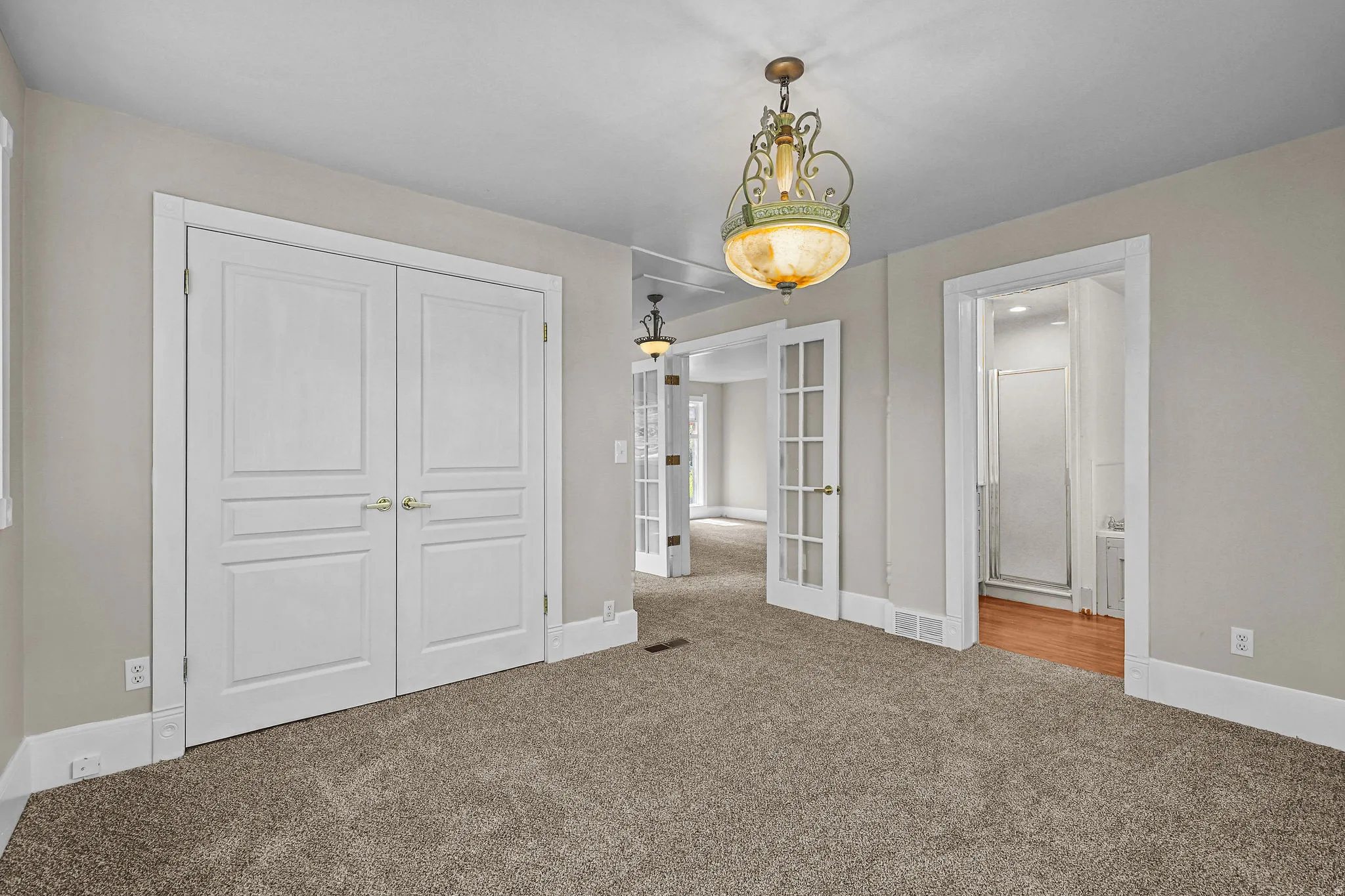 Recessed panel double doors, glass-paneled French doors, and a decorative pendant light fixture