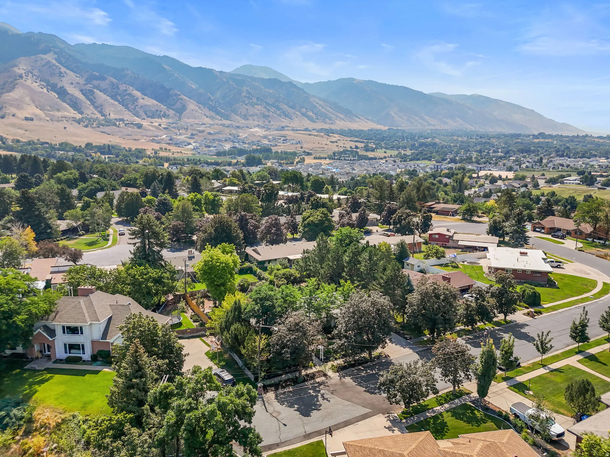 Expansive mountainous backdrop over a residential community with mature trees and established homes