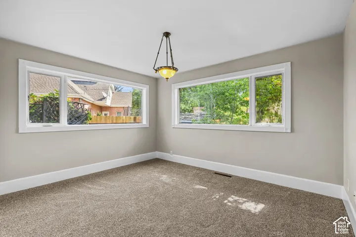 Neutral-toned walls with contrasting white trim, plush carpeting, and two expansive windows providing natural illumination
