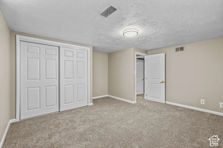 Plush carpet flooring, neutral paint palette, white trim, and a flush-mount ceiling light fixture