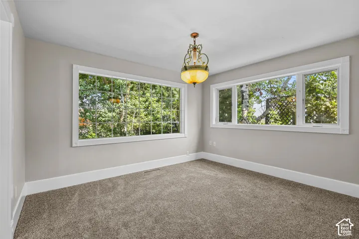 Bright corner room with expansive windows framing mature tree-lined scenery, neutral carpet flooring, and crisp white trim