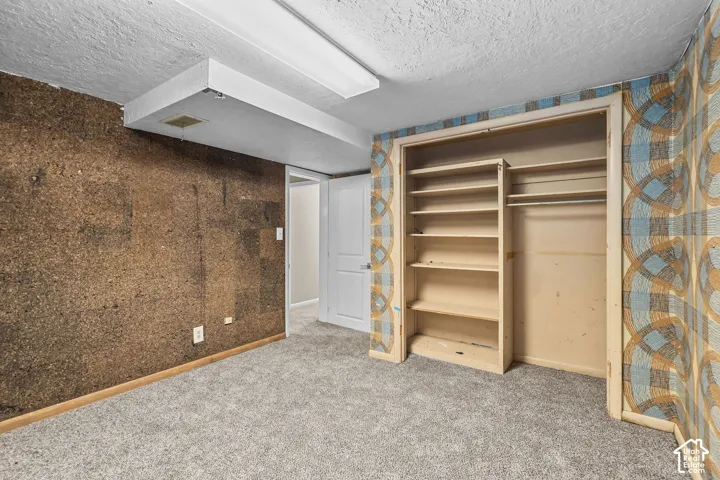 Wall-to-wall carpeting with built-in shelving, a clothing rod, and a partial cork wall covering