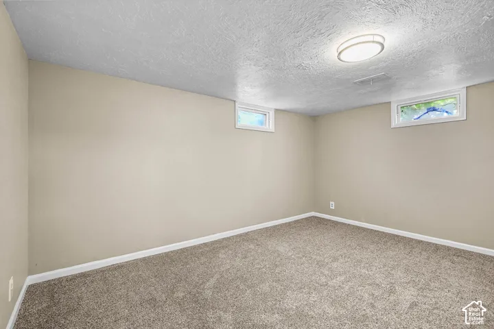 Neutral tone wall paint, textured ceiling, two horizontal windows, recessed ceiling light fixture, and carpeted flooring