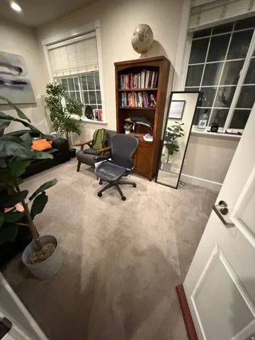 Carpeted room featuring multiple windows with blinds, a built-in bookcase, and a paneled door with a contemporary handle