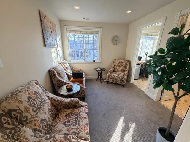 Recessed lighting illuminates a carpeted room featuring a large window with white blinds, offering abundant natural light
