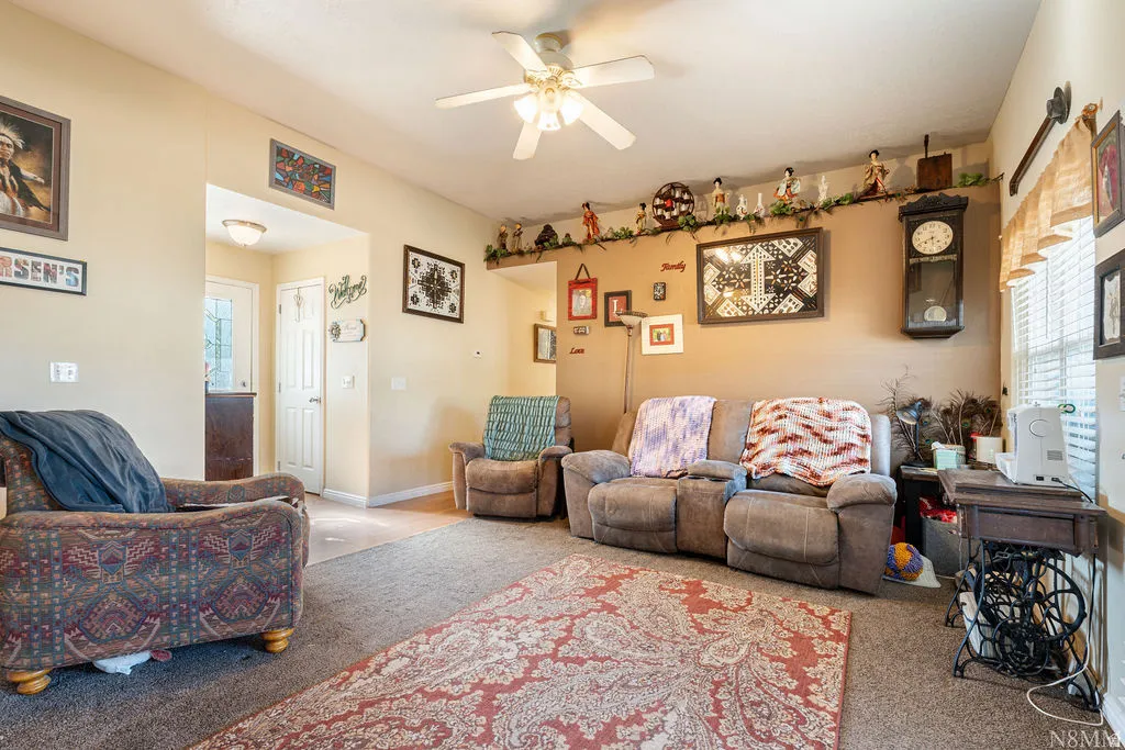 Living area featuring carpet flooring, ceiling fan with light fixture, and an entry doorway with an overhead light fixture