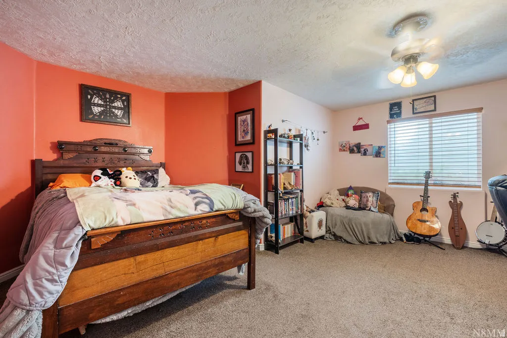 Spacious bedroom with vibrant coral accent walls, wood-frame bed, carpet flooring, recessed ceiling lighting, and large window with horizontal blinds