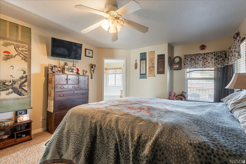 Carpeted flooring, ceiling fan with integrated lighting, window with horizontal blinds, and a mounted television