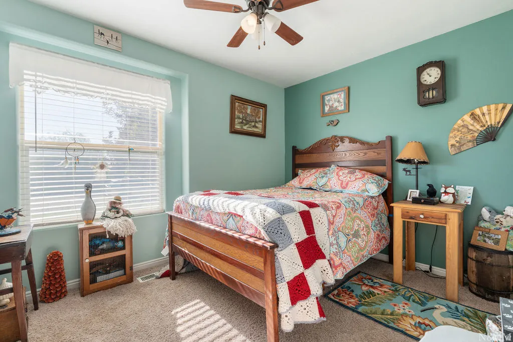 Carpeted room featuring a ceiling fan with light fixture, a window with blinds, and painted walls
