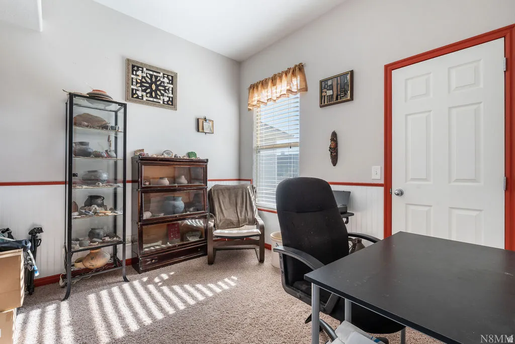 Carpeted flooring with painted trim, paneled wall detailing, and a multi-paneled door
