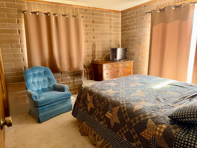 Textured brick walls and wall-to-wall carpeting