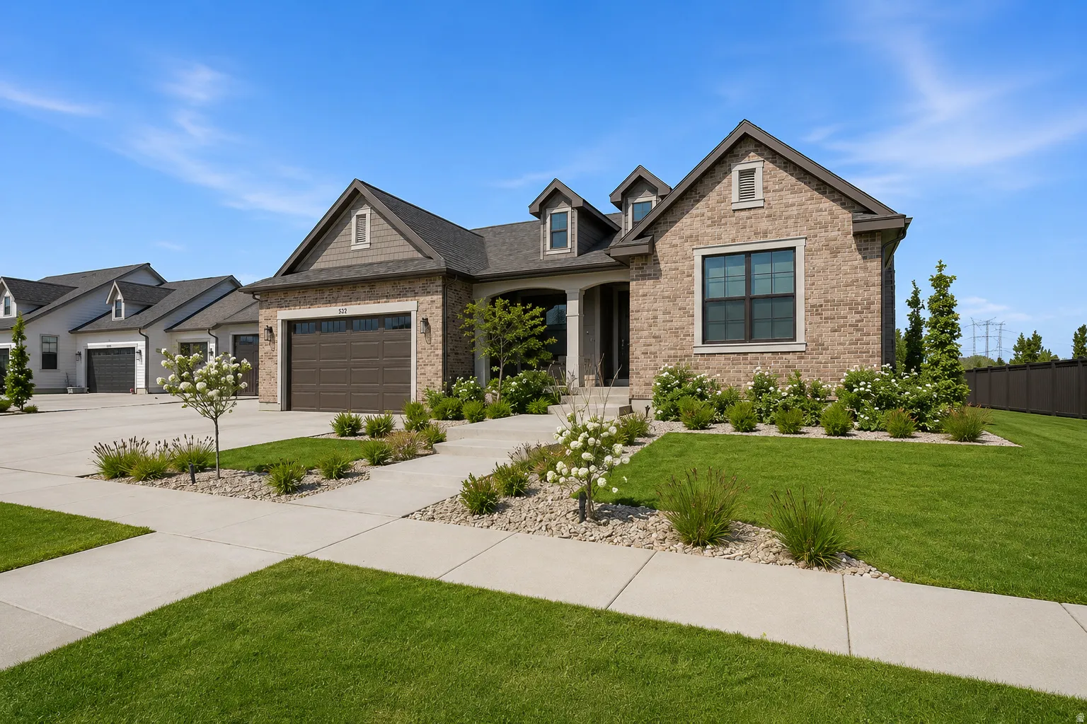 Brick and siding exterior with gabled dormers, an arched portico entry, and a two-car garage