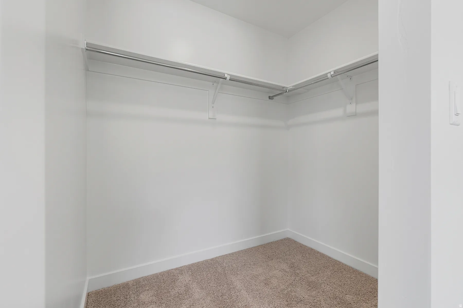 Spacious walk-in closet featuring dual clothing rods, generous shelving, and carpeted flooring throughout