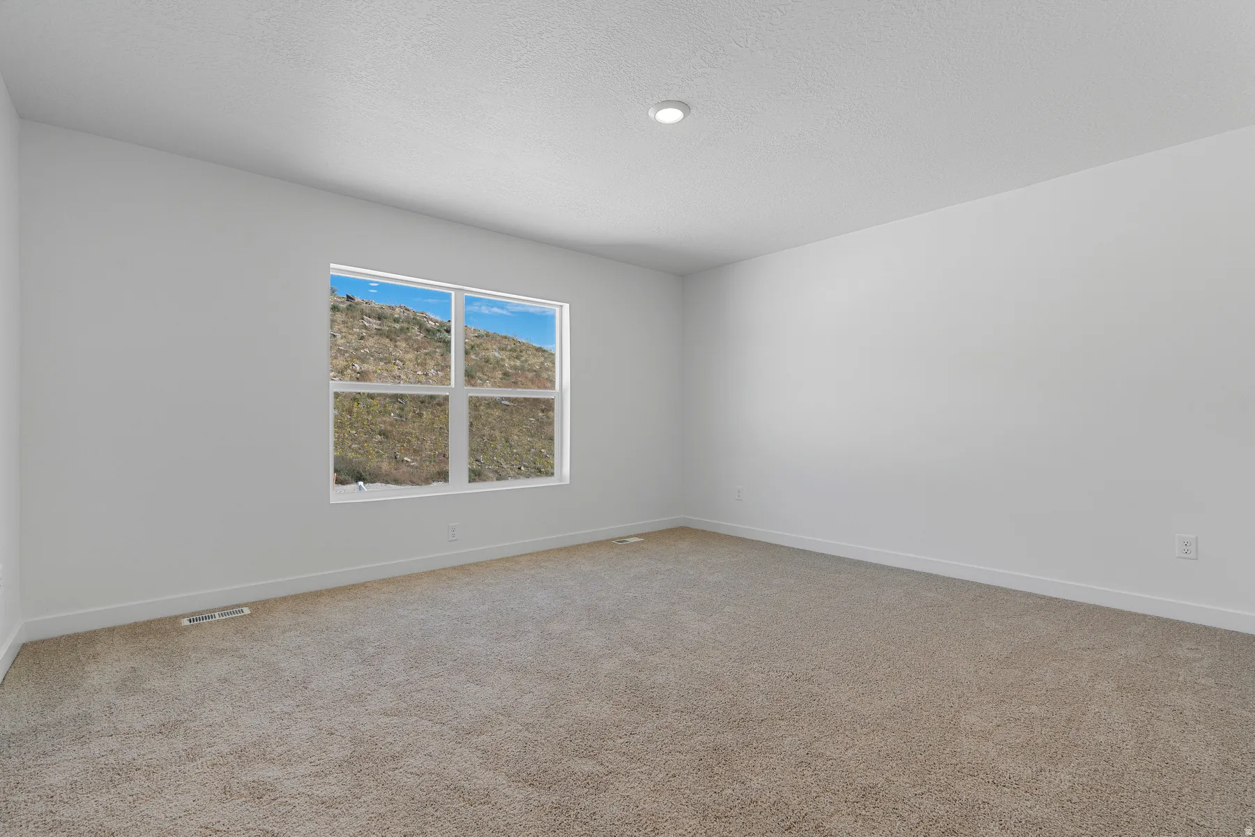 Recessed ceiling lighting, neutral carpet, white walls, and a large multi-pane window