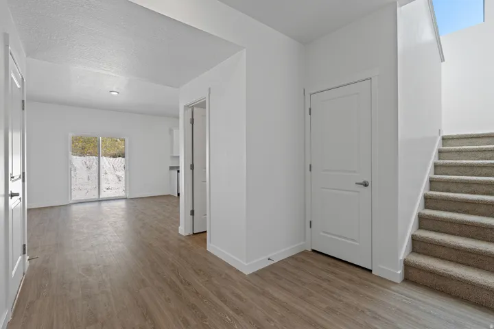 Wood-finish flooring, white paneled doors, and a carpeted staircase