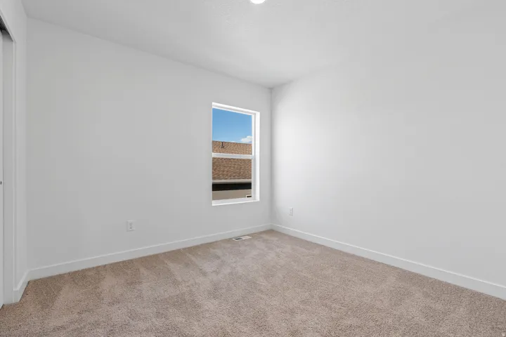 Neutral wall paint, plush carpet flooring, and a single window with a white frame