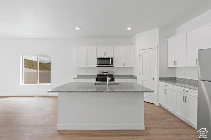 Open-concept kitchen featuring an island with a sink, white cabinetry, integrated stainless steel appliances, granite-style countertops, and wood-finish flooring