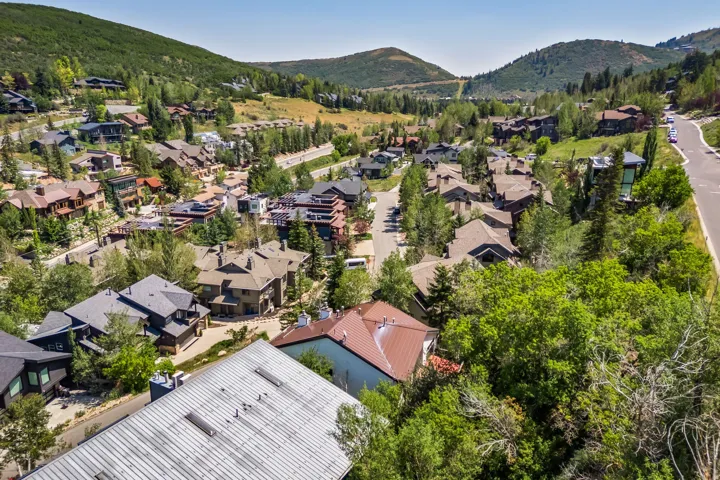 Hillside residential community nestled among mature evergreens and deciduous trees, featuring multiple custom homes with varied architectural styles, metal and composition roofing, and terraced landscaping that follows the natural topography