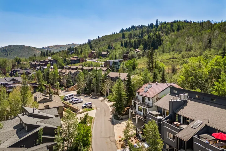 Hillside residential community nestled among mature coniferous and deciduous trees, featuring contemporary architecture with dark exterior finishes, sloped rooflines, and multi-level construction