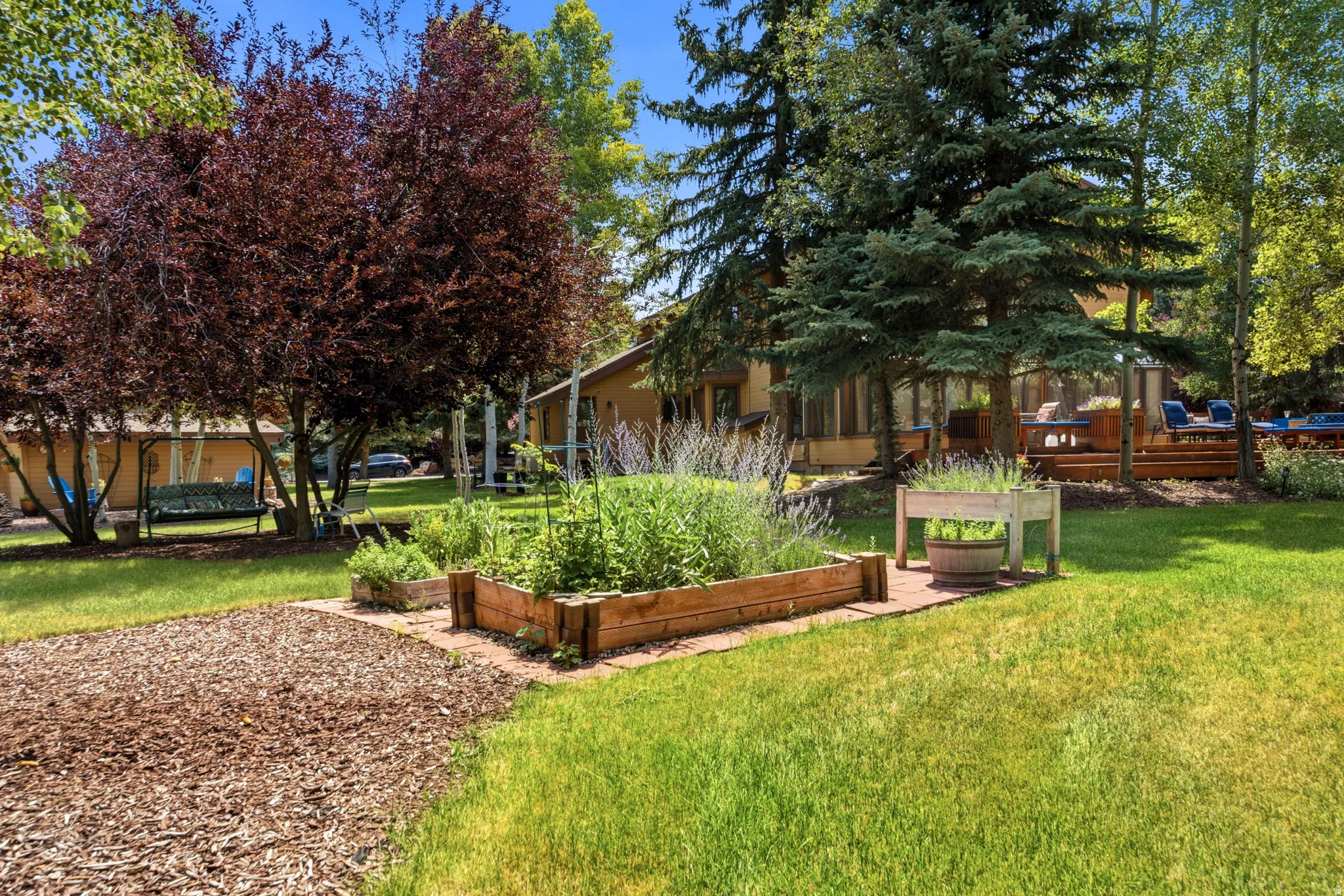 Expansive outdoor space featuring raised garden beds, a wood chip path, mature trees, and a multi-level deck