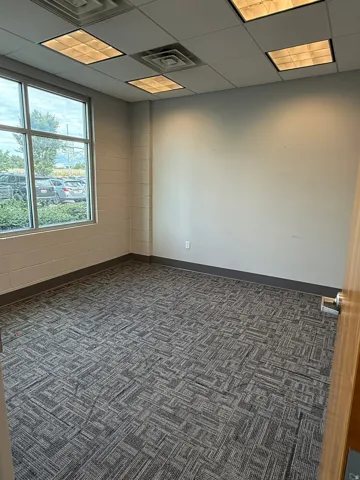 Recessed lighting, drop ceiling, large window, patterned carpet, wood-finish door