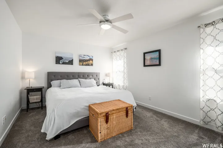 Spacious room featuring a ceiling fan, carpeted flooring, and two windows with opaque patterned coverings