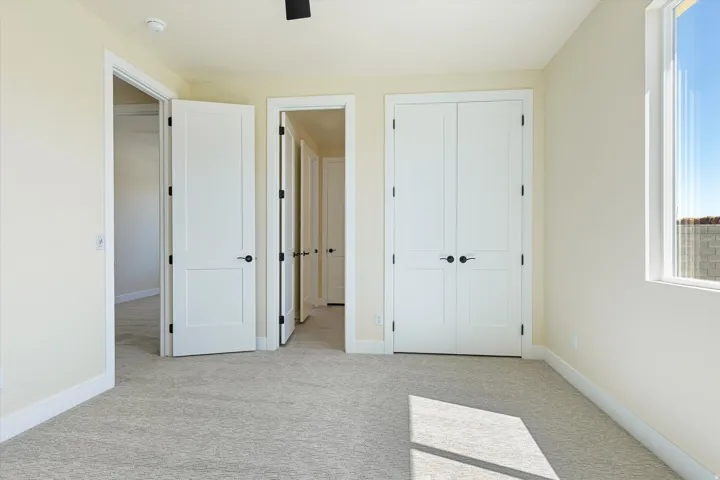 Bright, light-filled bedroom featuring multiple white six-panel closet doors with black hardware, neutral carpet flooring, and abundant natural light from a large window