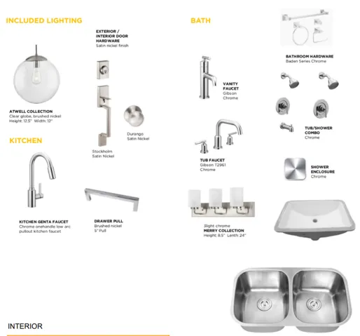 Product Specification Sheet. Detailing included fixtures and finishes for kitchen, bathroom, and interior spaces of the property