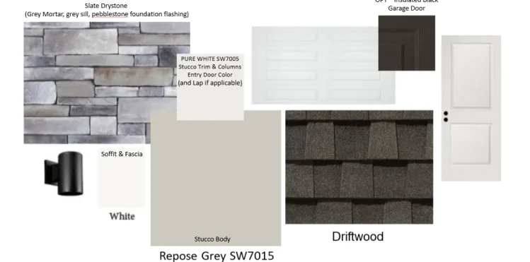 Architectural Specification Document. Illustrating exterior material and color selections for the property