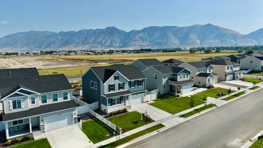 Residential street with detached homes featuring shingle roofs, manicured lawns, and concrete driveways
