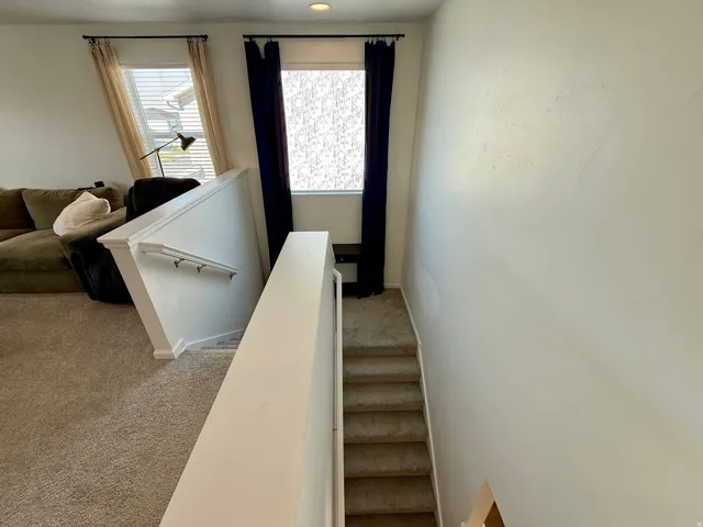 Carpeted staircase with white handrails and a recessed light fixture