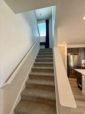 Bright staircase with generous natural light from upper window, white painted walls, neutral carpeted treads, and white painted handrails