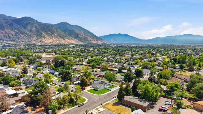 Residential neighborhood with mature trees and mountain backdrop