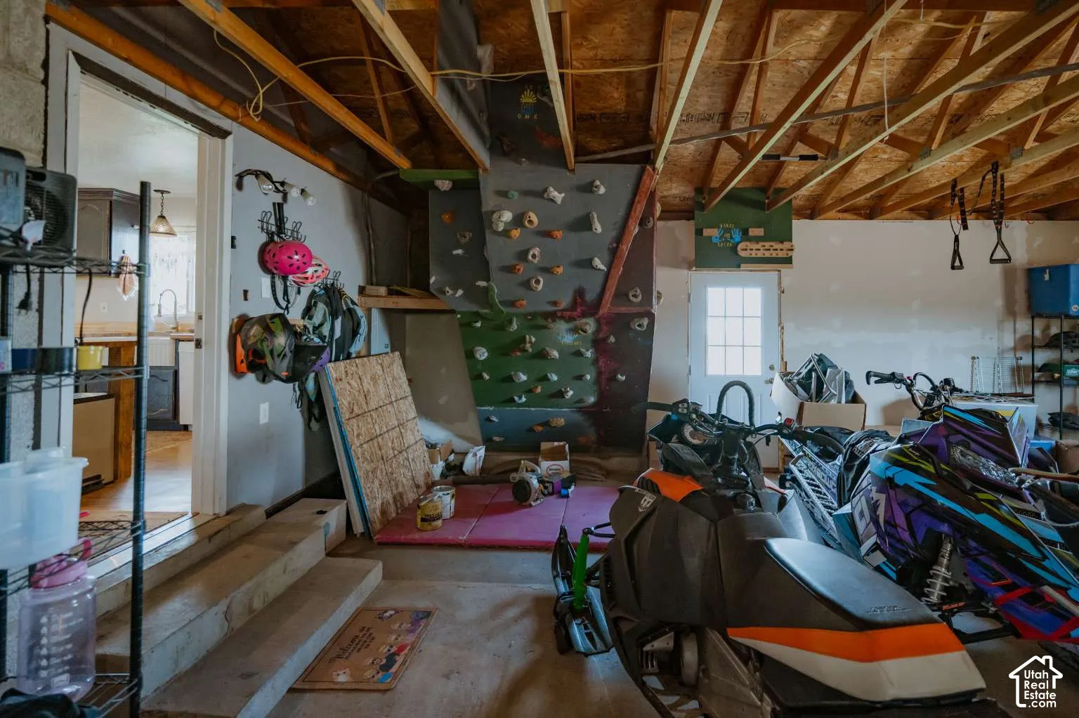 Garage featuring exposed wood truss ceiling, integrated climbing wall, concrete flooring, and single-lite exterior access door