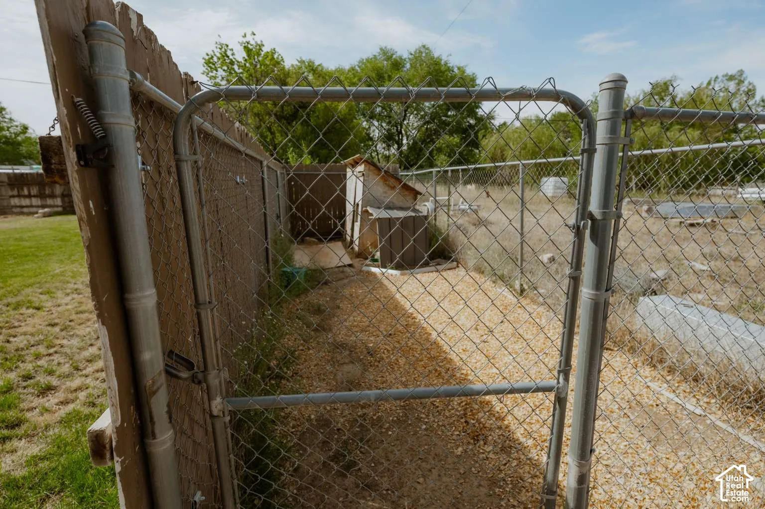 Outdoor enclosure featuring chain-link fencing, a metal gate, gravel surfacing, and a wooden structure